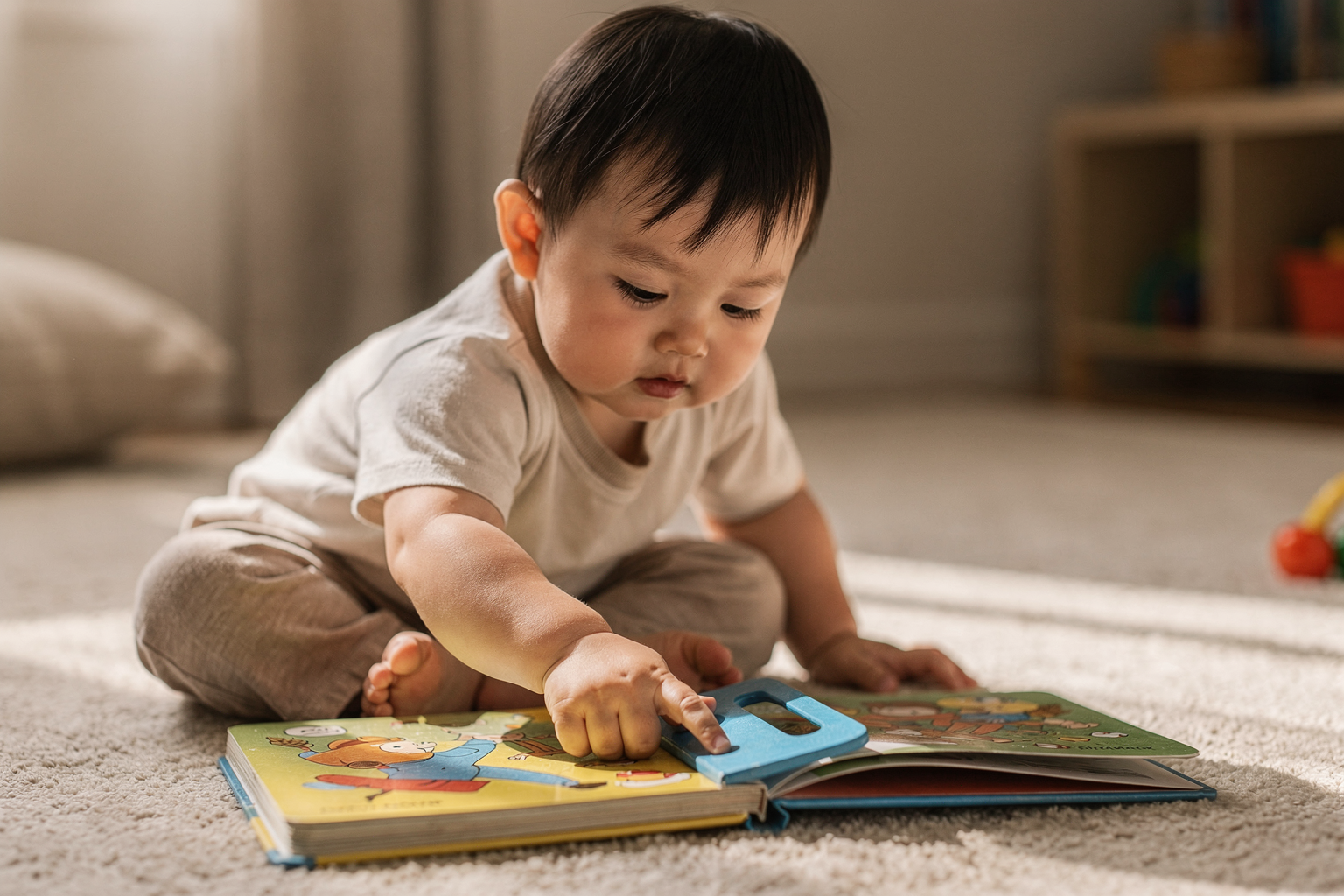 Editorial photo of a toddler with light warm skin and straight black hair pushing a tab on a push-pull-slide board book, focused on the mechanism, used in an article about interactive books for toddlers