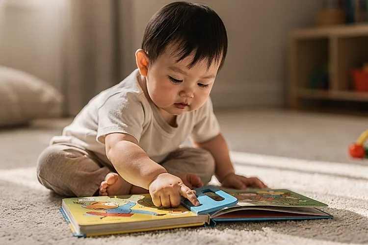 Editorial photo of a toddler with light warm skin and straight black hair pushing a tab on a push-pull-slide board book, focused on the mechanism, used in an article about interactive books for toddlers