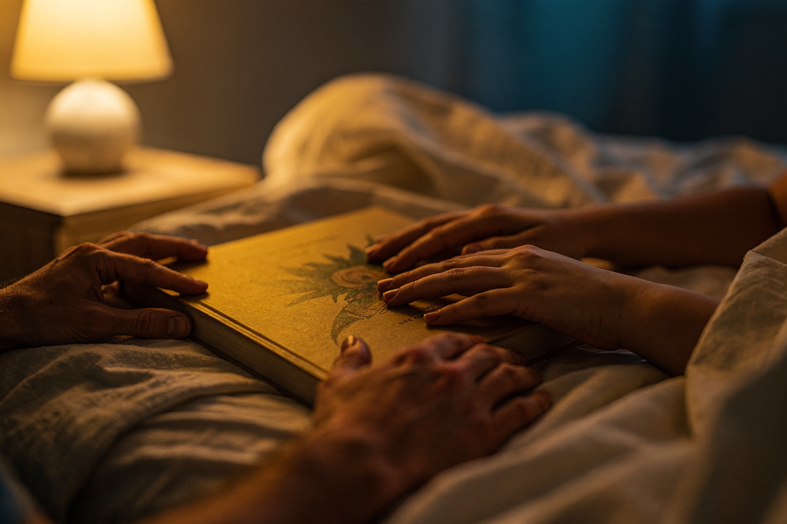 Editorial photo of a parent's hand closing a picture book while a sleeping child's hand rests on the cover, used in an article about how to make 5-minute bedtime stories feel like enough