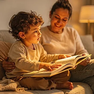 Editorial photo of a three-year-old boy pressing his hand on an open picture book mid-interruption while a parent looks on with a warm smile, used in an article about the best books for 3-year-olds
