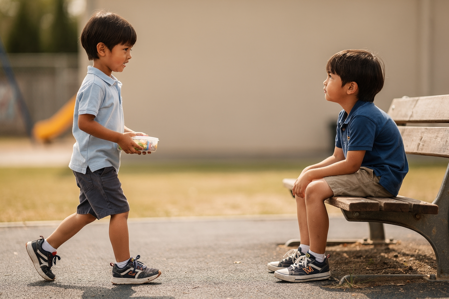 Editorial photo of a young boy walking over to sit beside a child sitting alone on a school bench, the moment before a small act of kindness, used in an article about picture books that build the bridge from empathy to kindness