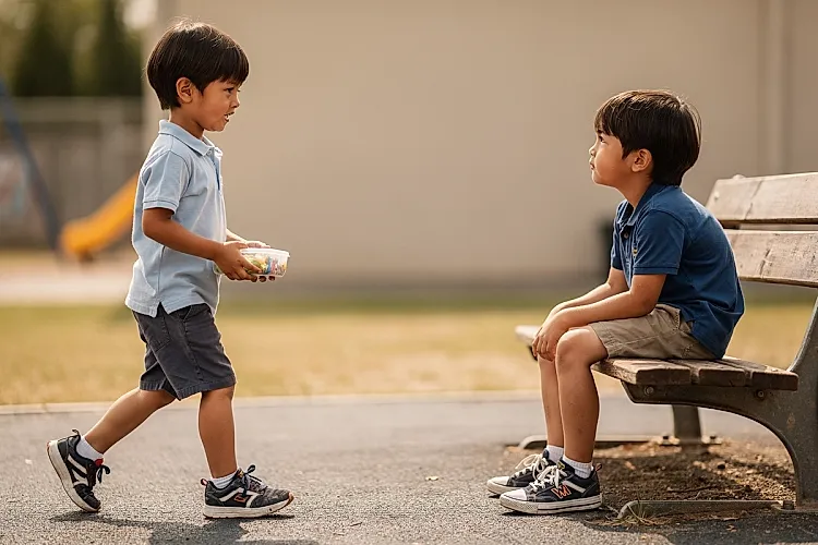 Editorial photo of a young boy walking over to sit beside a child sitting alone on a school bench, the moment before a small act of kindness, used in an article about picture books that build the bridge from empathy to kindness