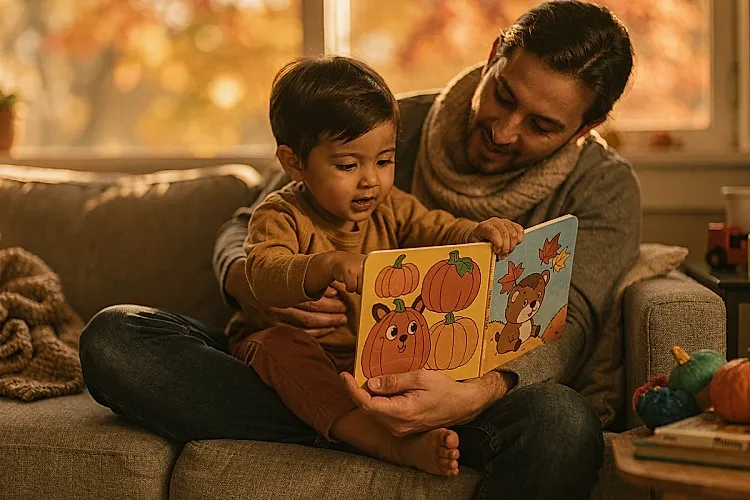 Editorial photo of a toddler boy pointing at a page in a Halloween board book while sitting on a couch with a parent who leans in to look, warm autumn light from a window, used in an article about Halloween books for toddlers