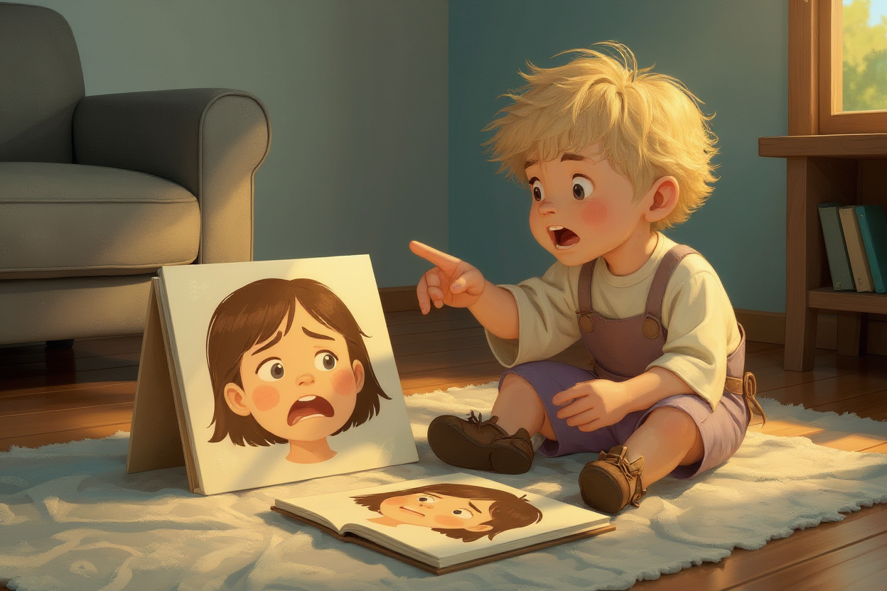 Illustration of a toddler girl sitting alone on the floor, her cheeks still flushed from crying, finger hovering just above a big feeling-face on the page of an open board book, used in an article about books about feelings for toddlers