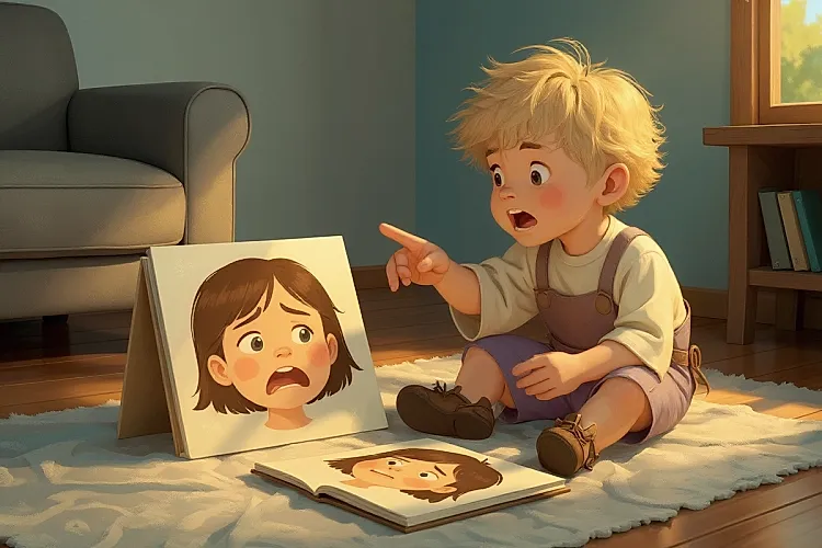 Illustration of a toddler girl sitting alone on the floor, her cheeks still flushed from crying, finger hovering just above a big feeling-face on the page of an open board book, used in an article about books about feelings for toddlers