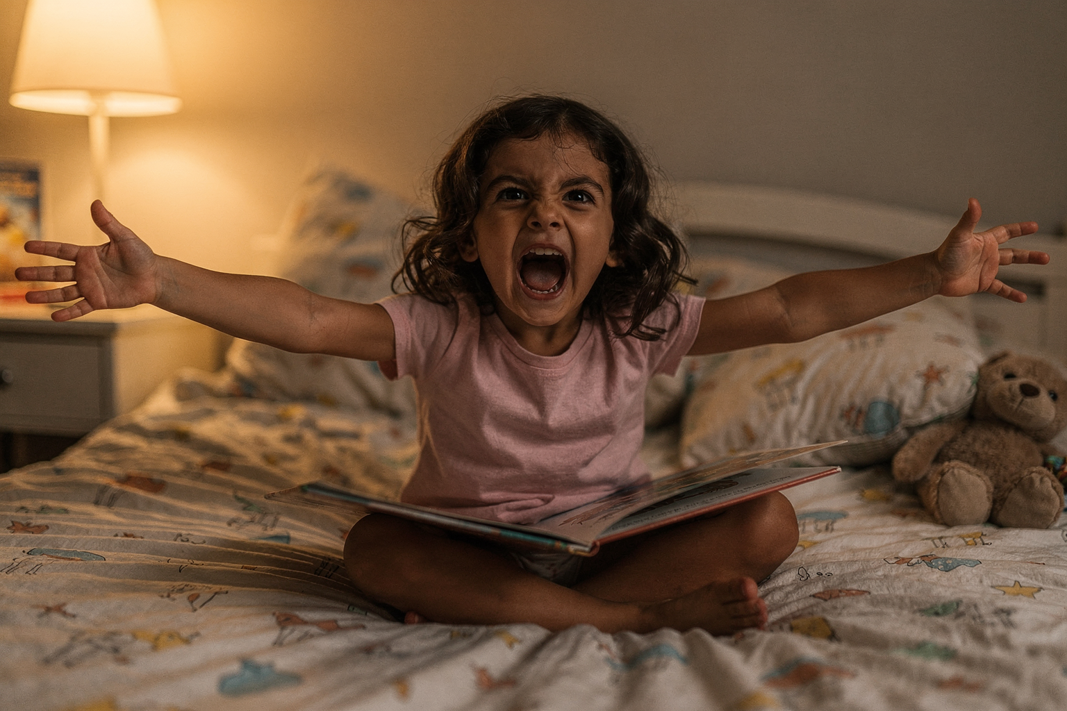 Editorial photo of a 3-year-old girl with olive skin sitting up in bed mid-roar with arms thrown wide open, a picture book forgotten in her lap, used in an article about what kinds of stories 3-year-olds love most