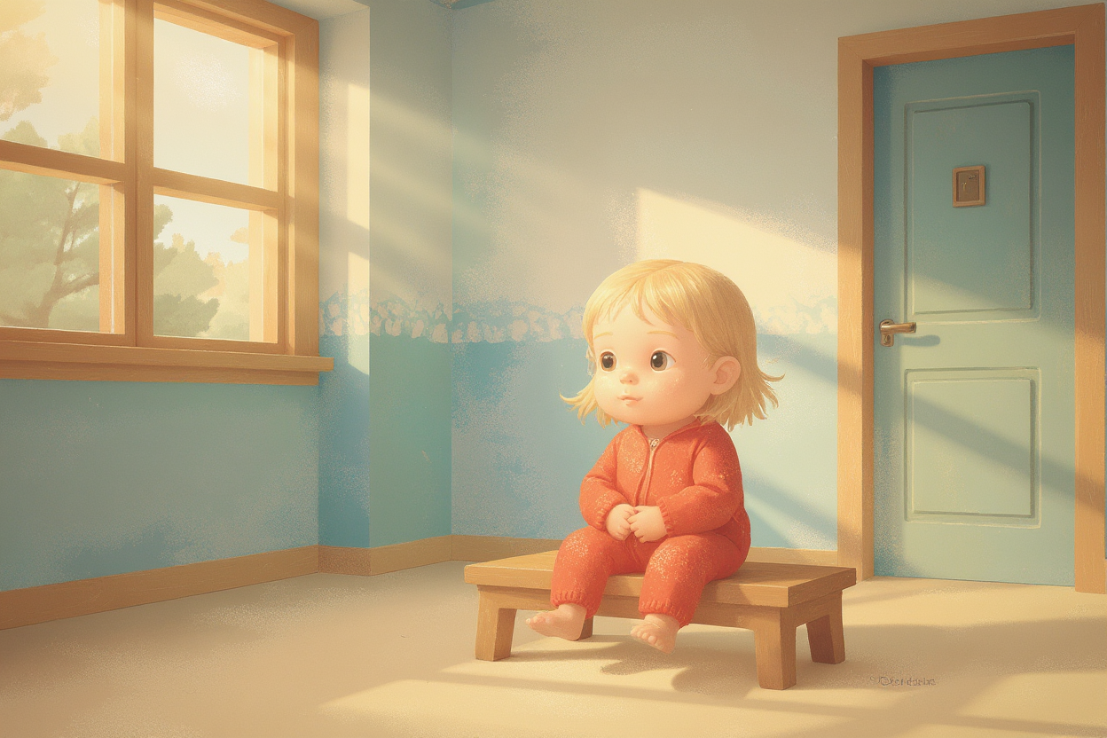 Illustration of a small girl sitting alone on a low bench near a preschool window, looking quietly toward the door, capturing the long waiting feeling between drop-off and pickup