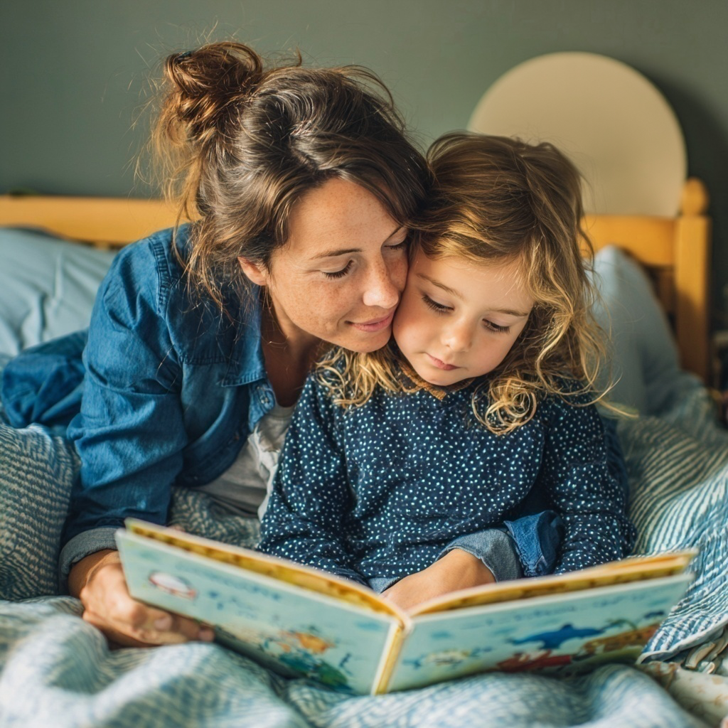 mother and child reading a book together