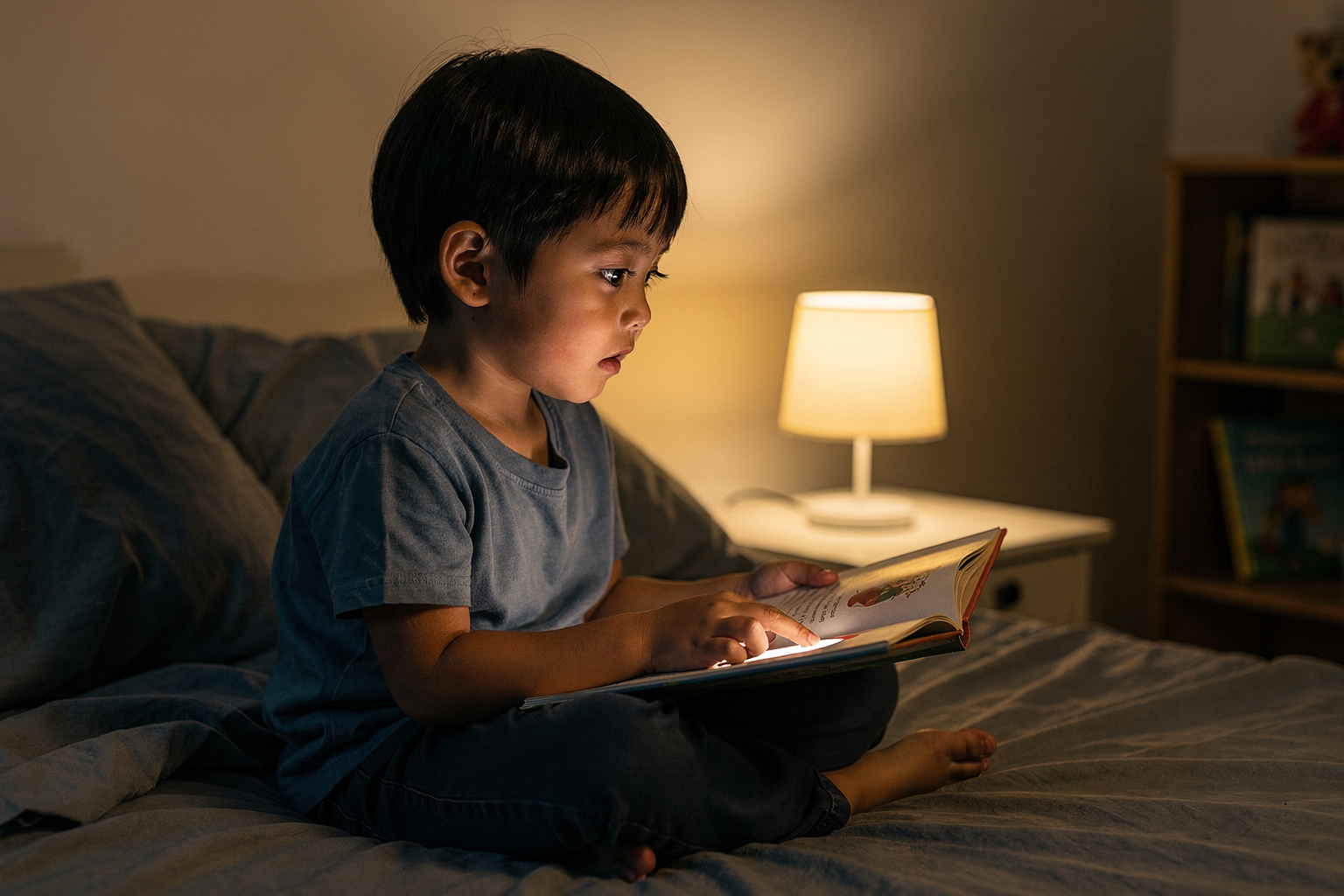 Editorial photo of a young boy sitting completely still in bed, fully absorbed in a bedtime story with eyes wide on the open book, used in an article about why short bedtime stories work