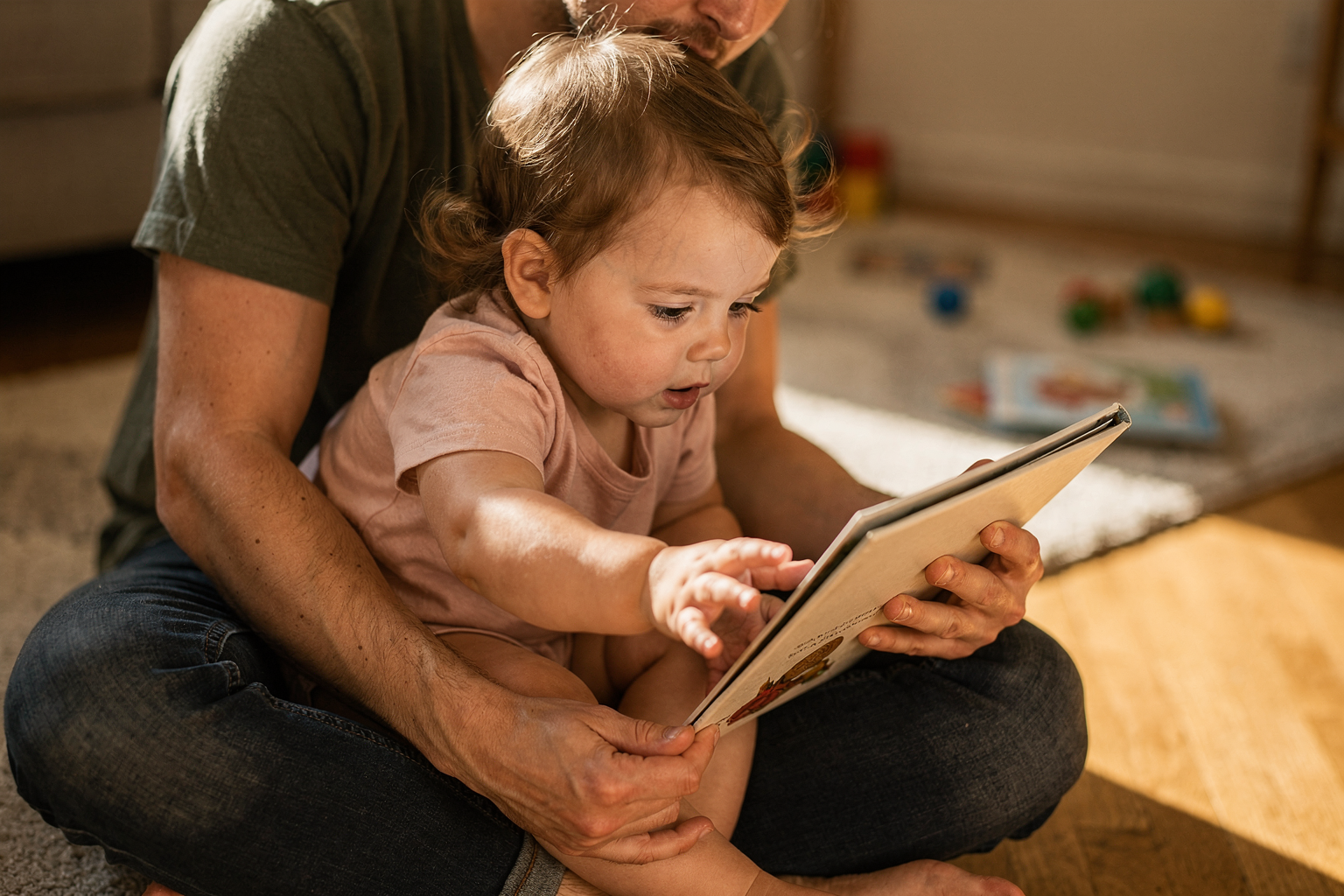 Editorial photo of a toddler girl leaning forward in a parent's lap toward an open book, drawn in by the illustrations, used in a guide to toddler books at every stage