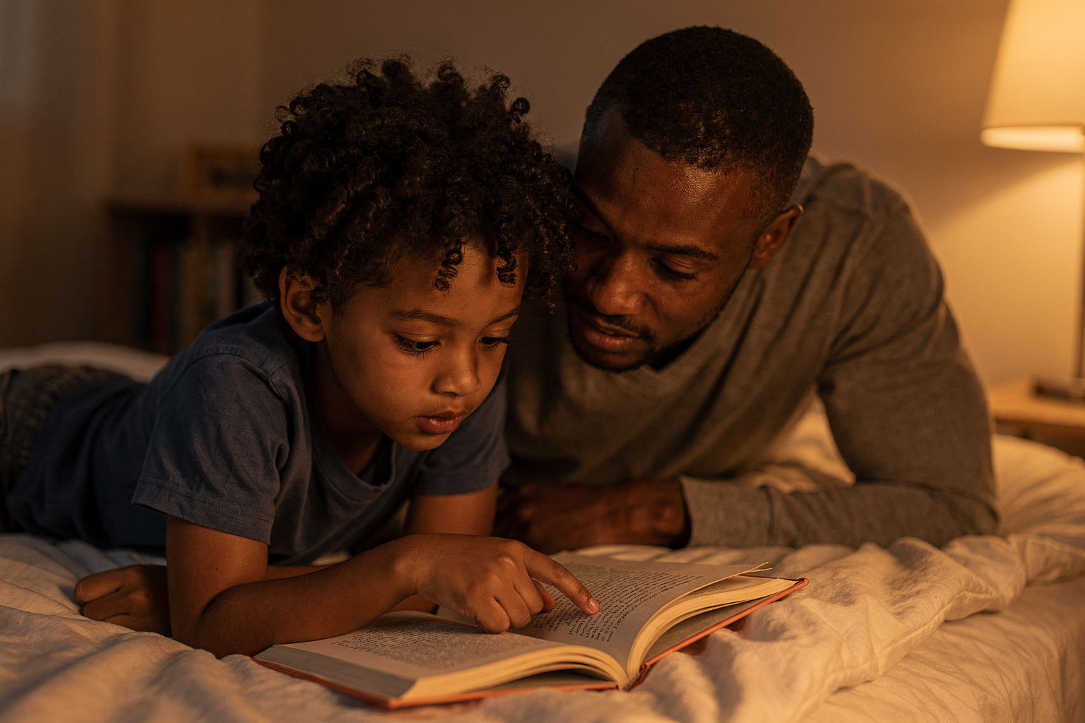 Editorial photo of a young boy and parent leaning together over a personalized book in bed, both focused on the same page, used in an article about personalized bedtime stories.