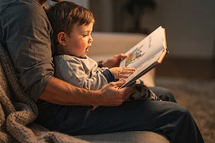 Editorial photo of a toddler boy pressing his hand against a board book page while leaning against a parent, used in an article about toddler books