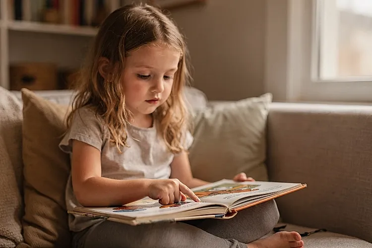 Editorial photo of a five-year-old girl pointing at a word in a familiar picture book with an expression of sudden recognition, used in an article about when children begin reading independently