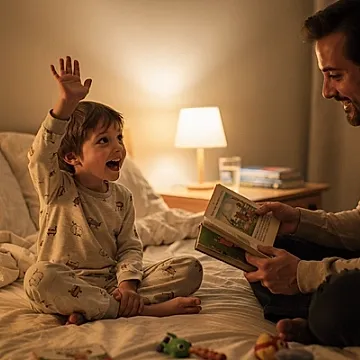 Editorial photo of a five-year-old mid-interruption with one hand raised during storytime while a parent holds an open book with quiet amusement, used in an article about bedtime stories for 5 year olds
