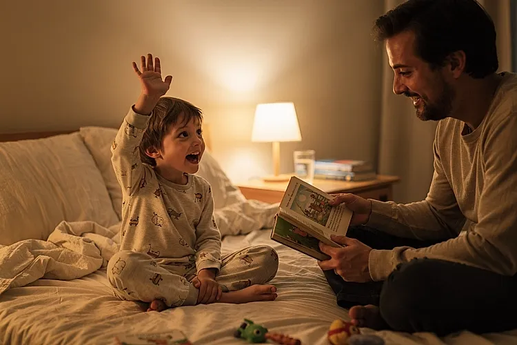 Editorial photo of a five-year-old mid-interruption with one hand raised during storytime while a parent holds an open book with quiet amusement, used in an article about bedtime stories for 5 year olds