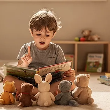 Editorial photo of a four-year-old boy narrating a picture book to a row of stuffed animals, one finger raised mid-sentence, in a warm bedroom, used in an article about the best books for 4-year-olds
