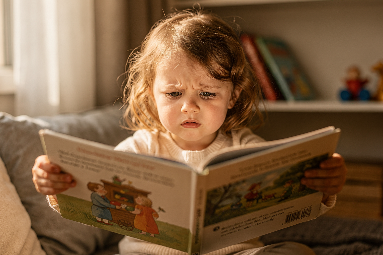 Editorial photo of a three-year-old girl studying a picture book with intense concentration, used in an article about reading development at age 3