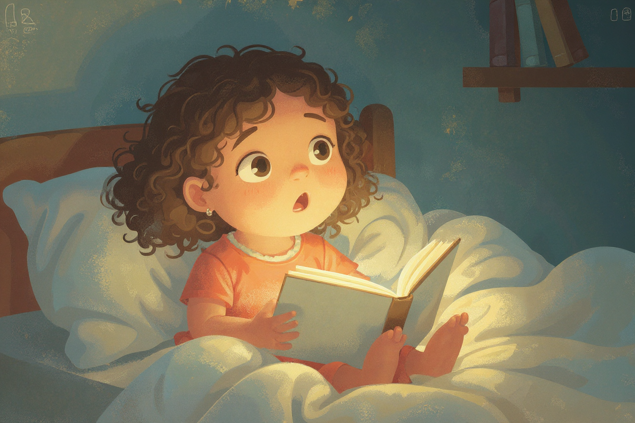 Hand-painted illustration of a young girl with warm medium skin and loose curls frozen mid-page-turn in bed, eyes wide with anticipation just before the emotional climax of a short story, lamp light warm across her face against cool blue bedroom shadows, used in an article about what makes short bedtime stories memorable