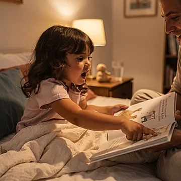 Editorial photo of a young girl pointing at a page with wide-eyed recognition as her parent reads a personalized bedtime story aloud, used in an article about personalized bedtime stories.