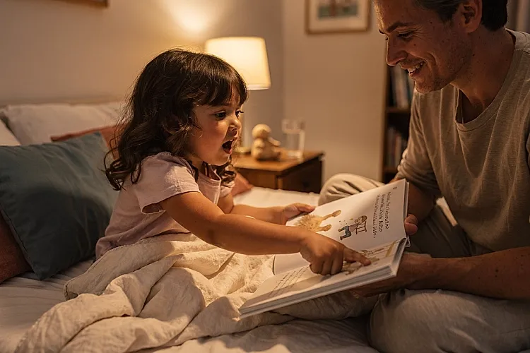 Editorial photo of a young girl pointing at a page with wide-eyed recognition as her parent reads a personalized bedtime story aloud, used in an article about personalized bedtime stories.