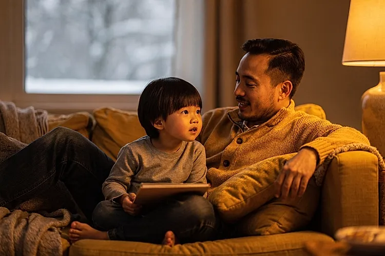 Editorial photo of a father and toddler boy on a couch with a face-down book resting on the boy's lap, both looking at each other in the warm pause between a page turn, used in an article about Christmas books for toddlers
