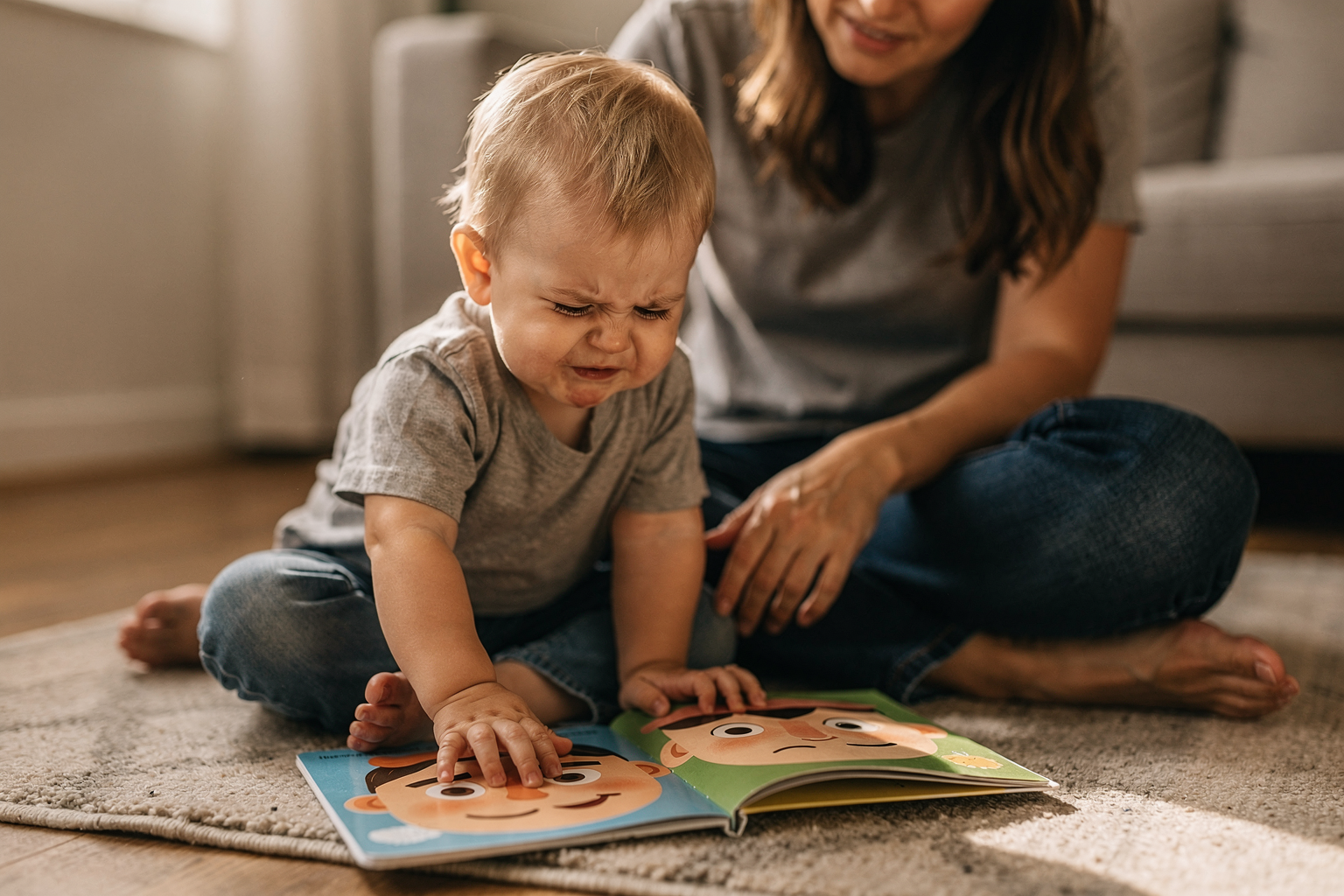 Editorial photo of a toddler boy pointing at the face in an open board book while sitting on a rug with a parent, scrunching his own face to match it, used in an article about how to use feelings books with toddlers