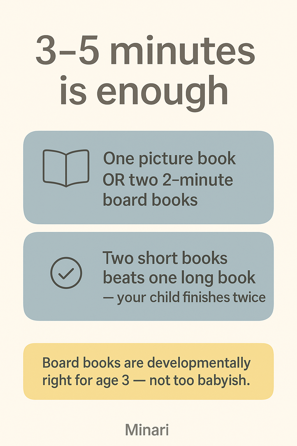 Bedtime story length for 3-year-olds: 3 to 5 minutes of focused listening is typical, one picture book or two short board books is the right length, two short books beat one medium book because children experience two moments of completion, and board books are developmentally appropriate at age 3