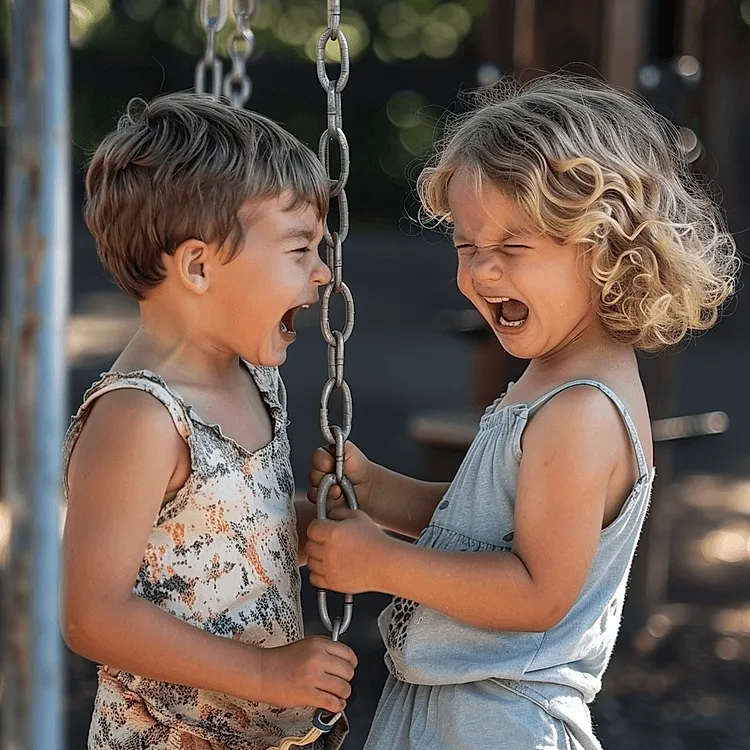 two children fighting over a swing at the playground