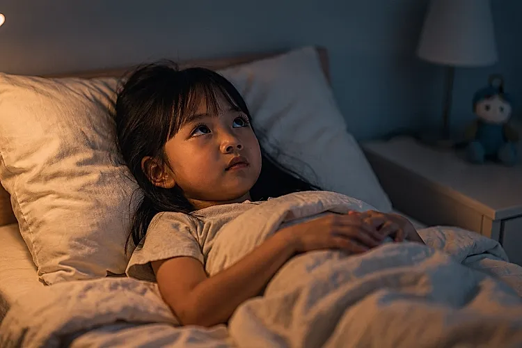 Editorial photo of a young girl lying in bed with eyes open and a quietly inward expression, not reading, the bedtime room dim and still around her, used in an article about why children's feelings surface at bedtime