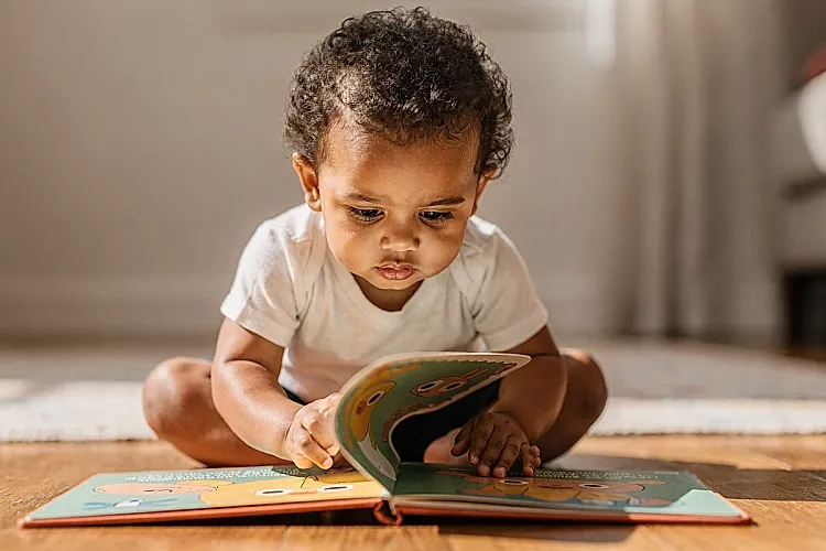 Editorial photo of a toddler with warm brown skin carefully lifting a flap in a board book, body leaning forward with concentrated anticipation, used in an article about interactive books for toddlers
