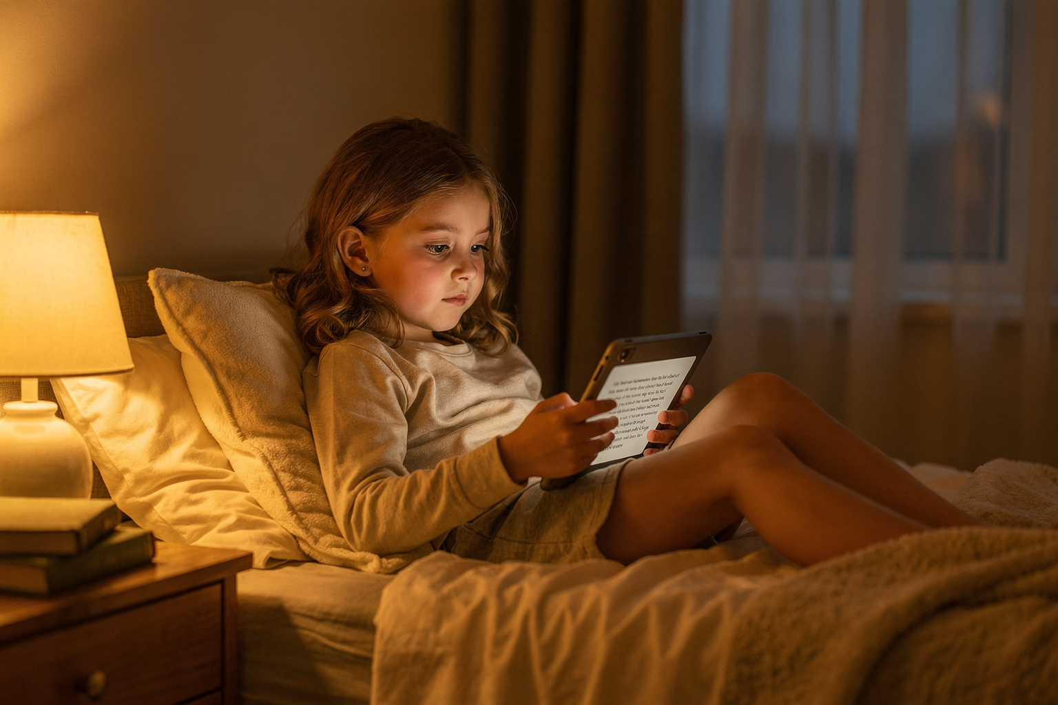 Editorial photo of a young girl using a tablet to read a bedtime story app in a cozy bedroom setting with warm lamp light, used in an article about personalized bedtime story apps.