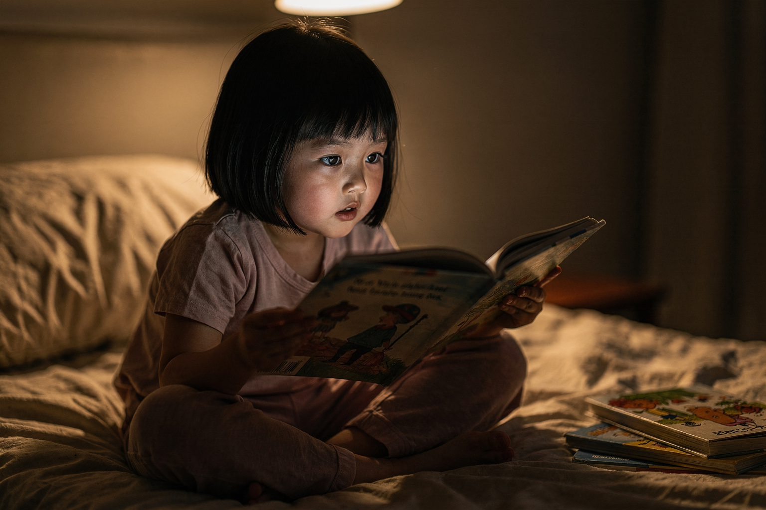 Editorial photo of a 4-year-old girl leaning forward with an open picture book held at eye level, fully absorbed, used in an article about what kinds of stories 4-year-olds love