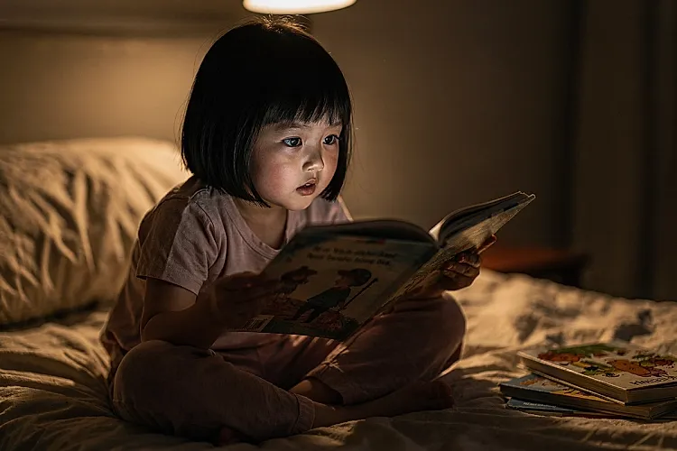 Editorial photo of a 4-year-old girl leaning forward with an open picture book held at eye level, fully absorbed, used in an article about what kinds of stories 4-year-olds love