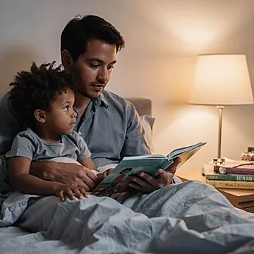 Editorial photo of a young boy gone still against a parent's side during bedtime reading, both in soft lamp light, the parent watching the child's face rather than the page, used in an article about bedtime stories that help children process feelings