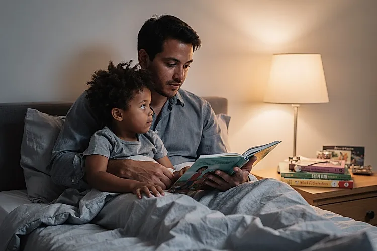 Editorial photo of a young boy gone still against a parent's side during bedtime reading, both in soft lamp light, the parent watching the child's face rather than the page, used in an article about bedtime stories that help children process feelings