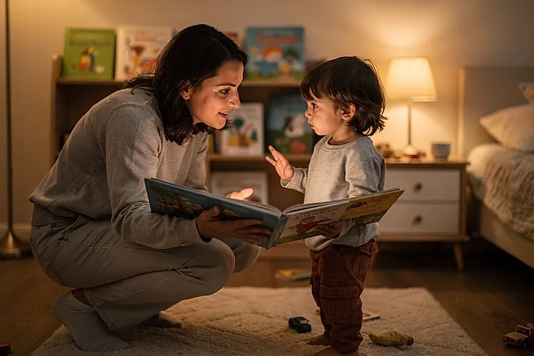Editorial photo of a parent crouching to a 4-year-old boy's eye level and holding up two picture books for the child to choose, used in an article about making bedtime reading stick at age 4