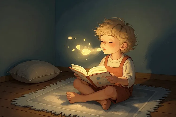 Illustration of a single young child sitting with an open picture book, eyes soft, gently blowing out a slow calming breath as a soft swirl of warm light lifts off the page, used in an article about reading mindfulness picture books with children
