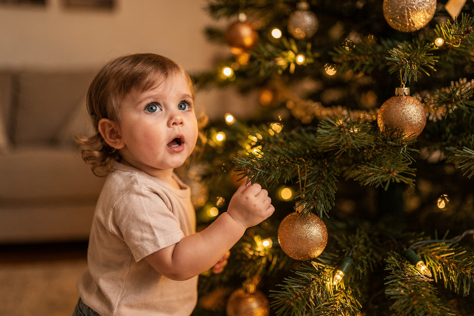 Editorial photo of a toddler girl standing close to a lit Christmas tree, her face lit by the warm glow of the lights, reaching toward a low branch with an expression of pure wonder, used in an article about Christmas books for toddlers