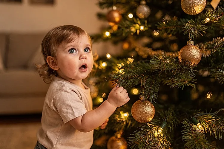 Editorial photo of a toddler girl standing close to a lit Christmas tree, her face lit by the warm glow of the lights, reaching toward a low branch with an expression of pure wonder, used in an article about Christmas books for toddlers