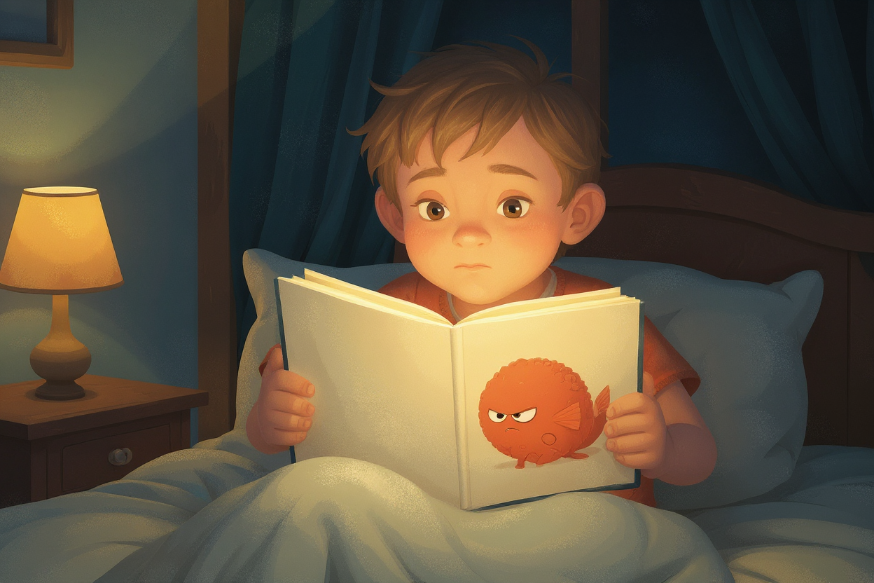 Hand-painted illustration of a boy sitting up in bed holding a picture book, his posture unconsciously mirroring the curled-up character on the open page, with a shift in expression from reading to recognition, used in an article about how emotional bedtime stories help children name what they feel