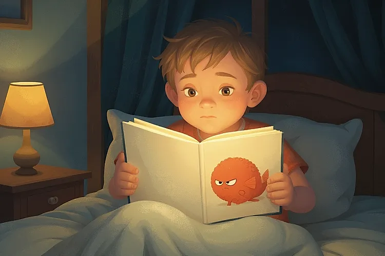 Hand-painted illustration of a boy sitting up in bed holding a picture book, his posture unconsciously mirroring the curled-up character on the open page, with a shift in expression from reading to recognition, used in an article about how emotional bedtime stories help children name what they feel