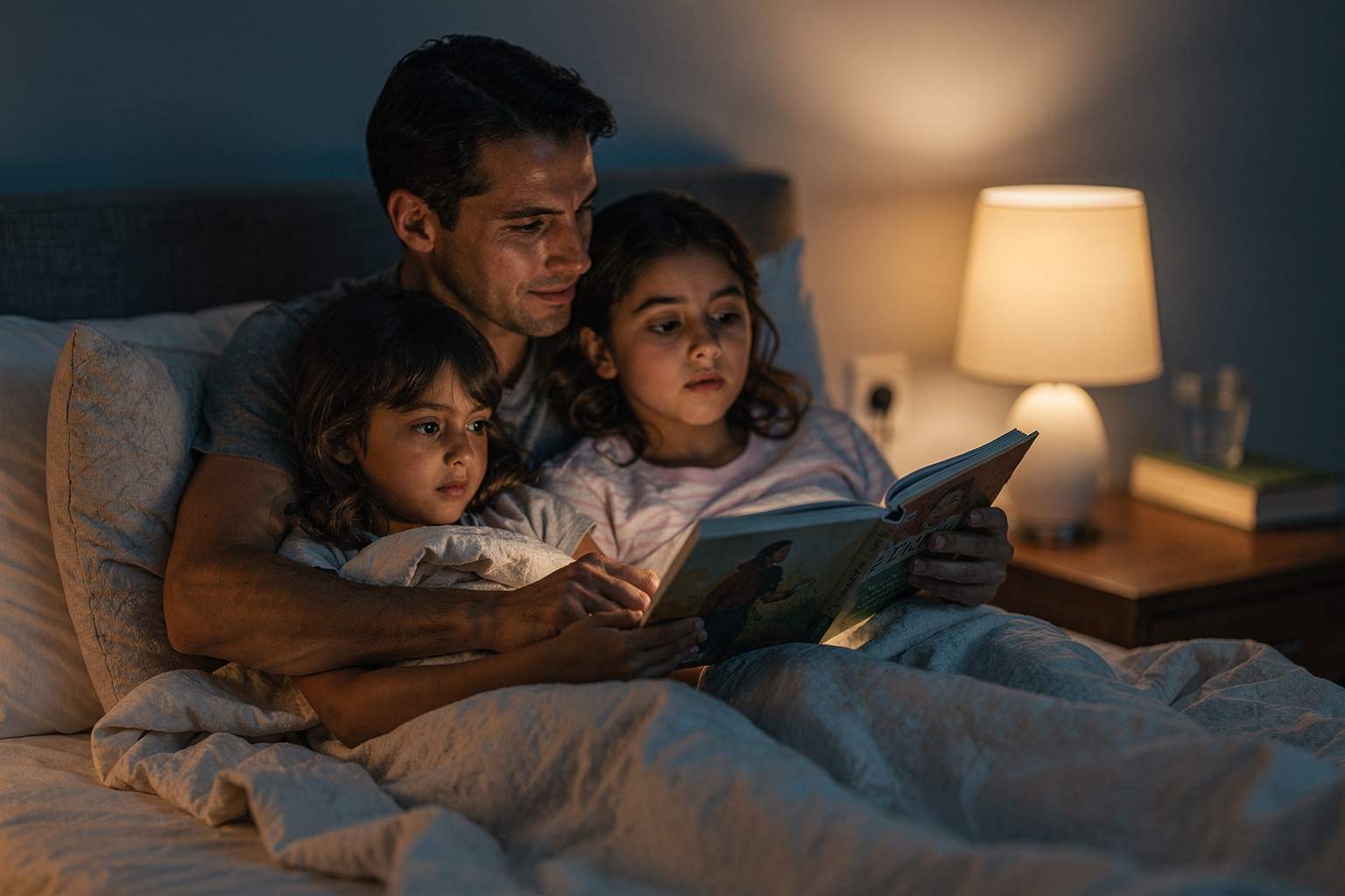 Editorial photo of a parent paused mid-read with a finger holding the page, watching a child's face rather than continuing the story, in a warm lamp-lit bedroom, used in an article about what to do when feelings come up during a bedtime story