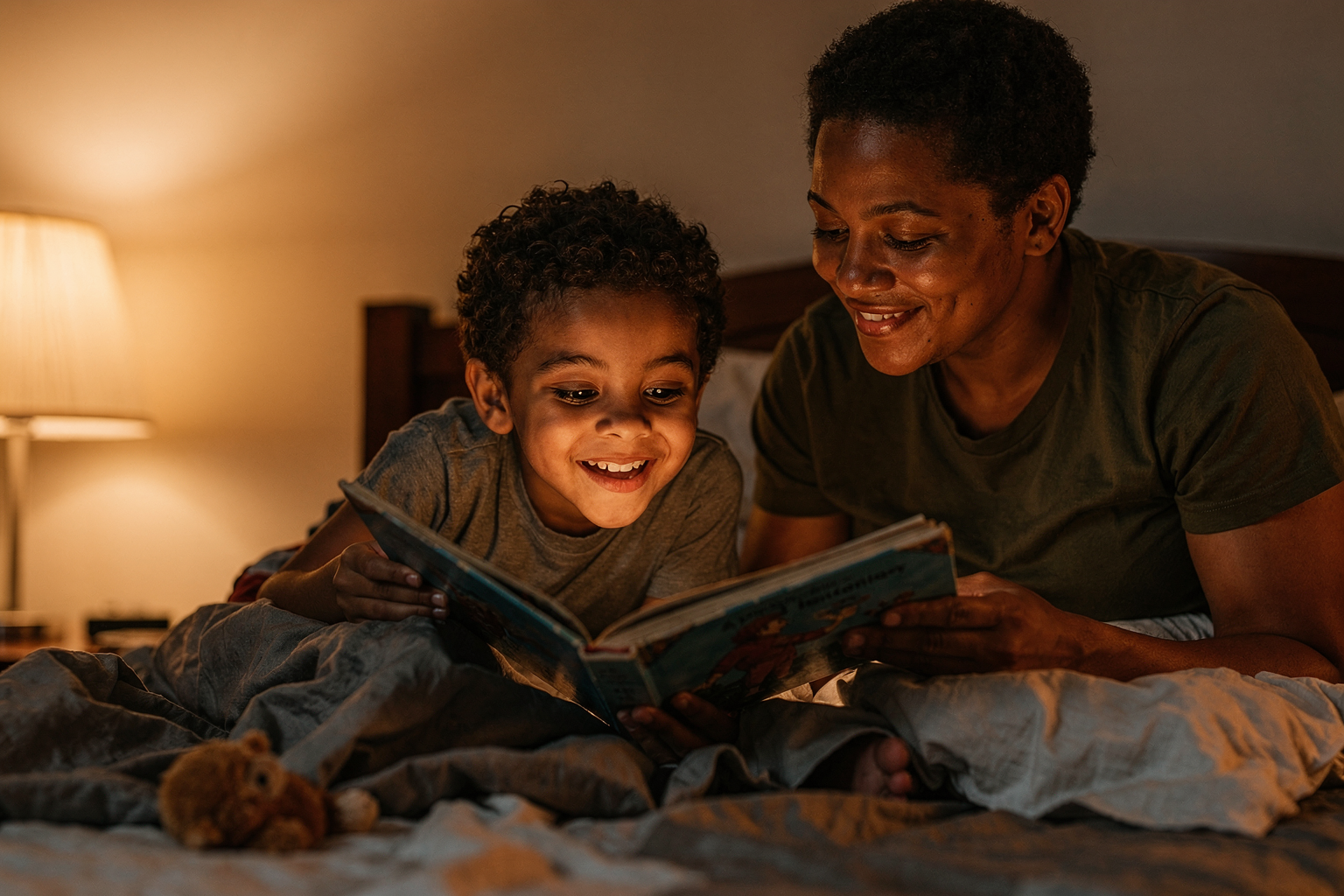 Editorial photo of a 3-year-old boy with warm brown skin chanting along to a rhyming bedtime story with eyes squeezed shut while a parent holds the book and waits, used in an article about what makes bedtime stories work for 3-year-olds
