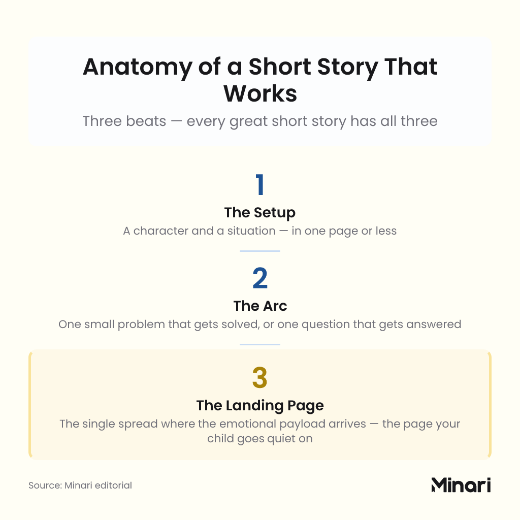 Anatomy of a Short Story That Works — three beats every great short story has: 1. The Setup, a character and a situation in one page or less; 2. The Arc, one small problem that gets solved or one question that gets answered; 3. The Landing Page, the single spread where the emotional payload arrives