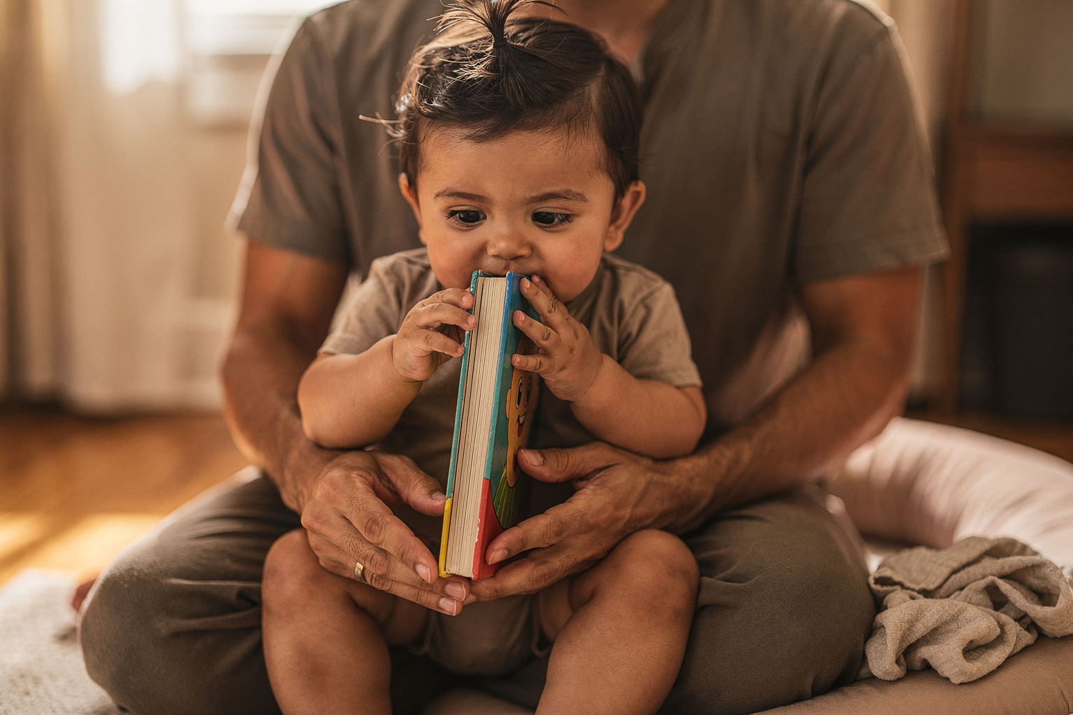 Editorial photo of a baby boy chewing the corner of a board book while a parent's hands rest nearby without intervening, used in an article about the best board books for babies