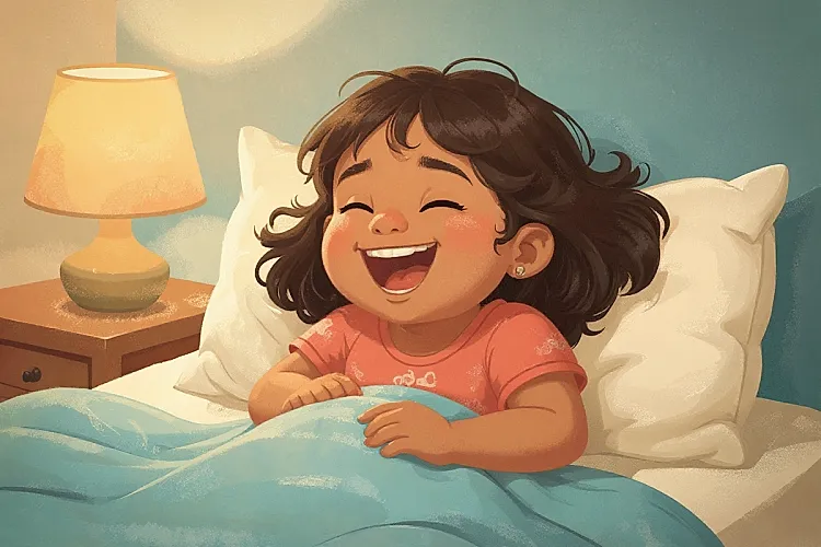 Editorial illustration of a young girl mid-laugh over an open picture book, her shoulders dropping and body relaxing toward sleep, used in an article about funny versus calming bedtime stories