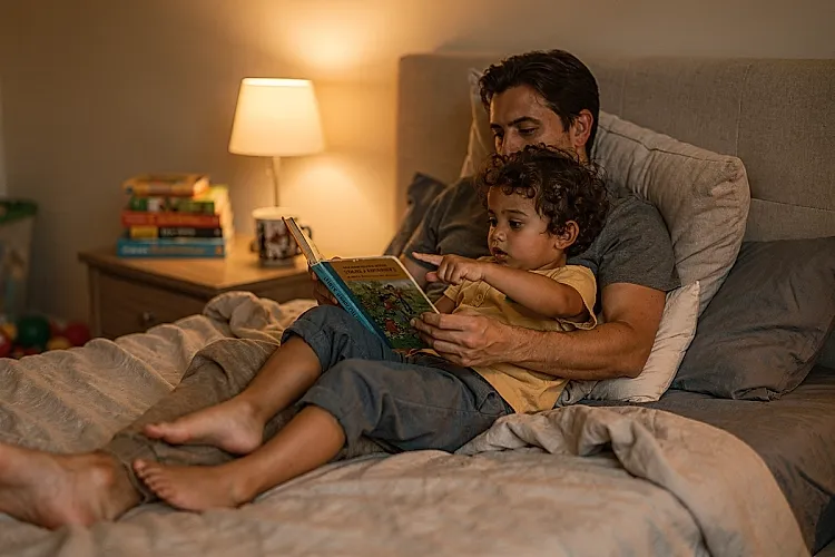 Editorial photo of a parent leaning against a headboard while a 3-year-old boy with warm tan skin holds a board book upside down and points at a page with authority, used in an article about making bedtime reading work when toddlers won't sit still