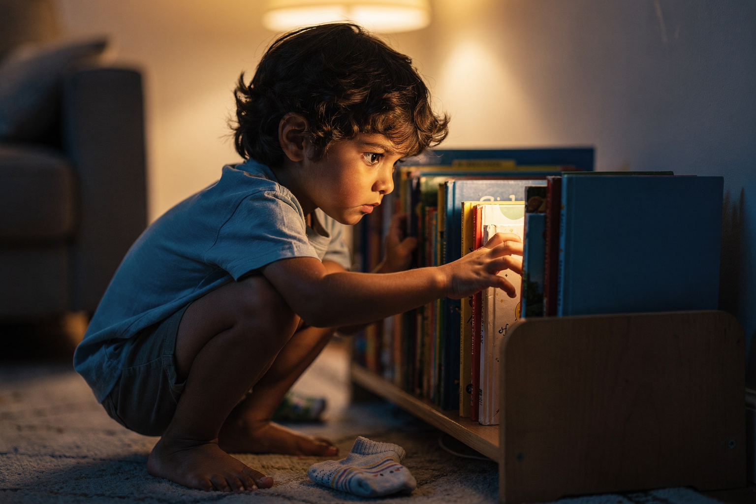 Editorial photo of a young boy crouching at a low bookshelf, tracing book spines while choosing his bedtime story, used in an article about what to look for in 5-minute bedtime story books