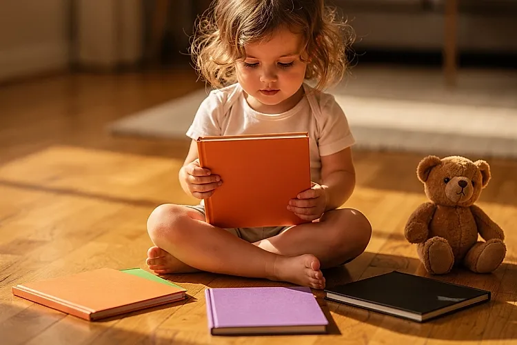Editorial photo of a toddler girl sitting cross-legged on a sunlit floor surrounded by Halloween board books spread around her, holding one up to study the cover, used in an article about Halloween books for toddlers