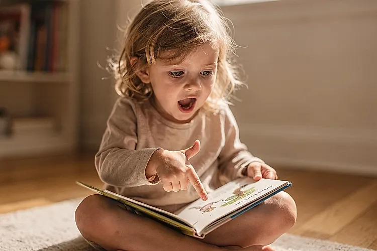 Editorial photo of a toddler girl sitting cross-legged on the floor pointing at a picture book spread, used in an article about toddler books by age